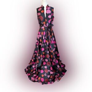 NWT Renee Ruiz Black & Pink Floral Print Ball Gown Formal Dress Tie Waist